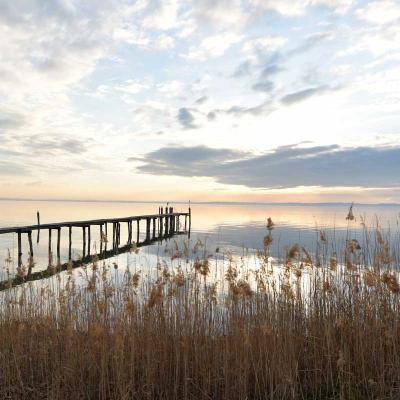 Abenddämmerung am Gardasee mit Steg und Schilf